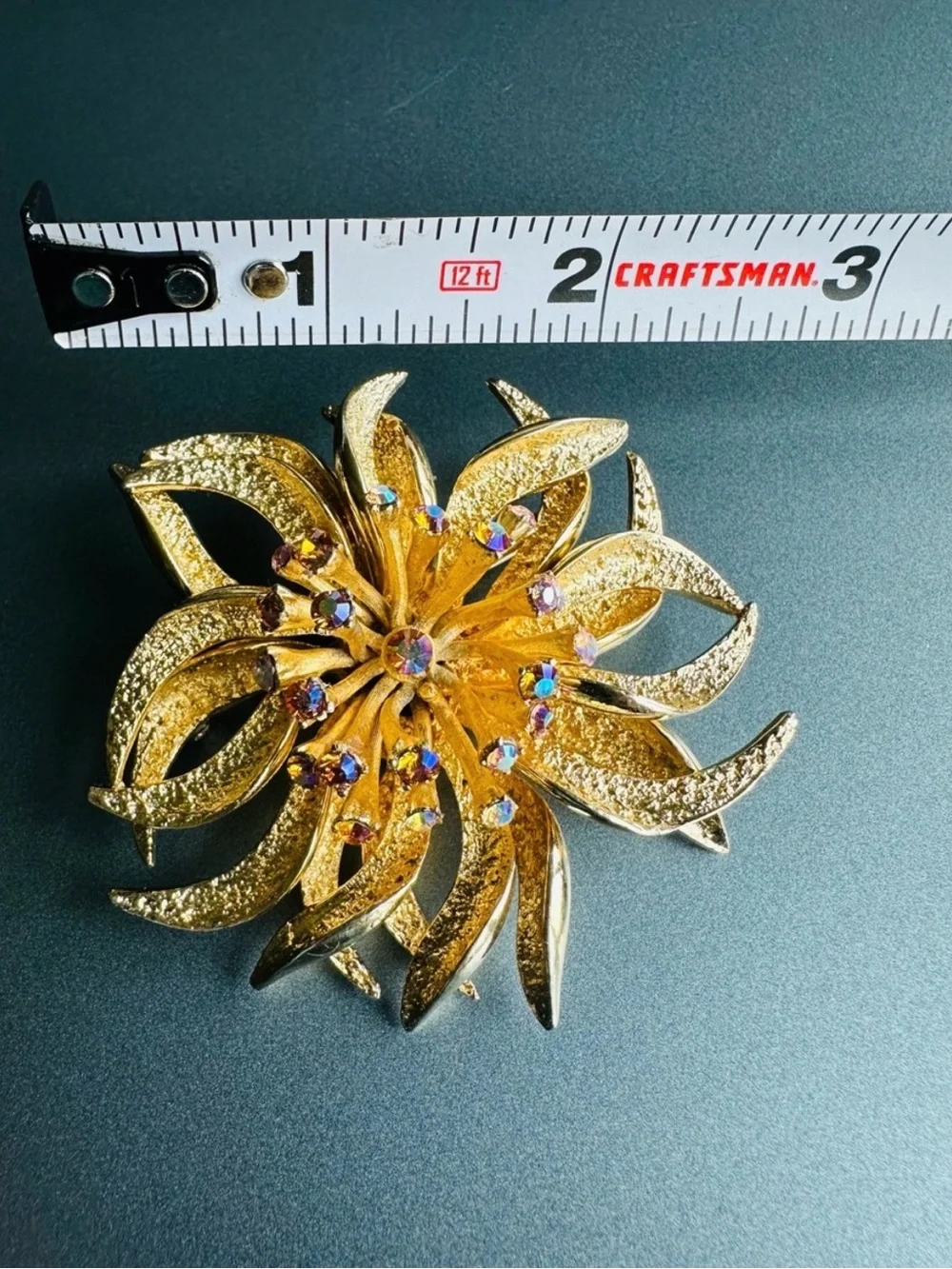 Vintage Signed François for Coro 3D Gold Flower Brooch AB Rhinestones Pristine
